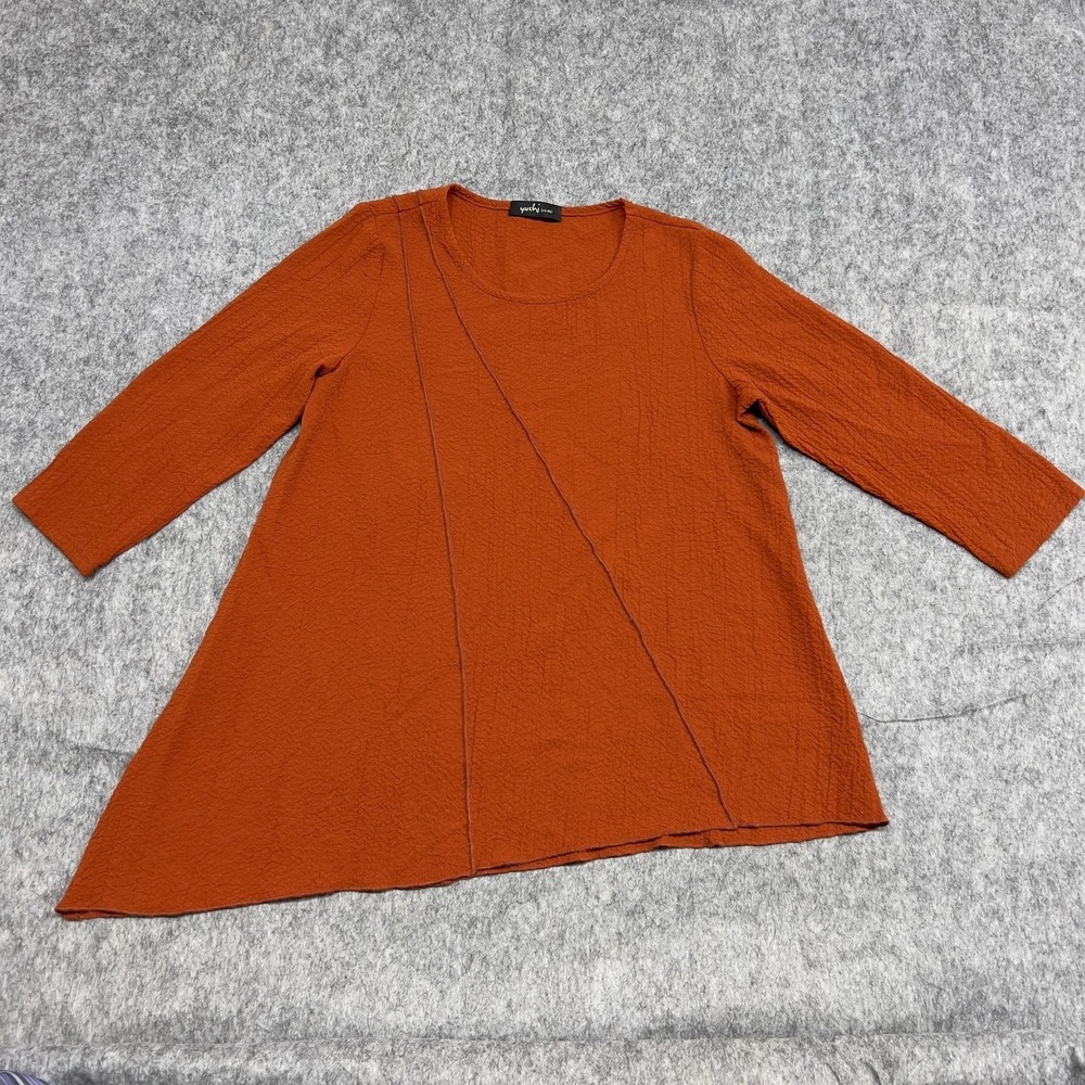 Yushi Tunic Top Womens Large Orange 3/4 Sleeve Asymmetrical Hem Textured Boho
